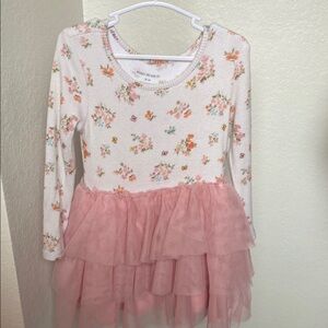 Posh Peanut Floral Long Sleeve Dress with Pink Tulle